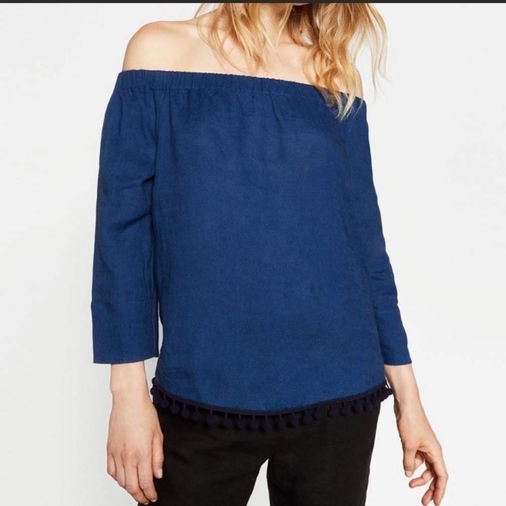Zara Linen Pom Trim Top